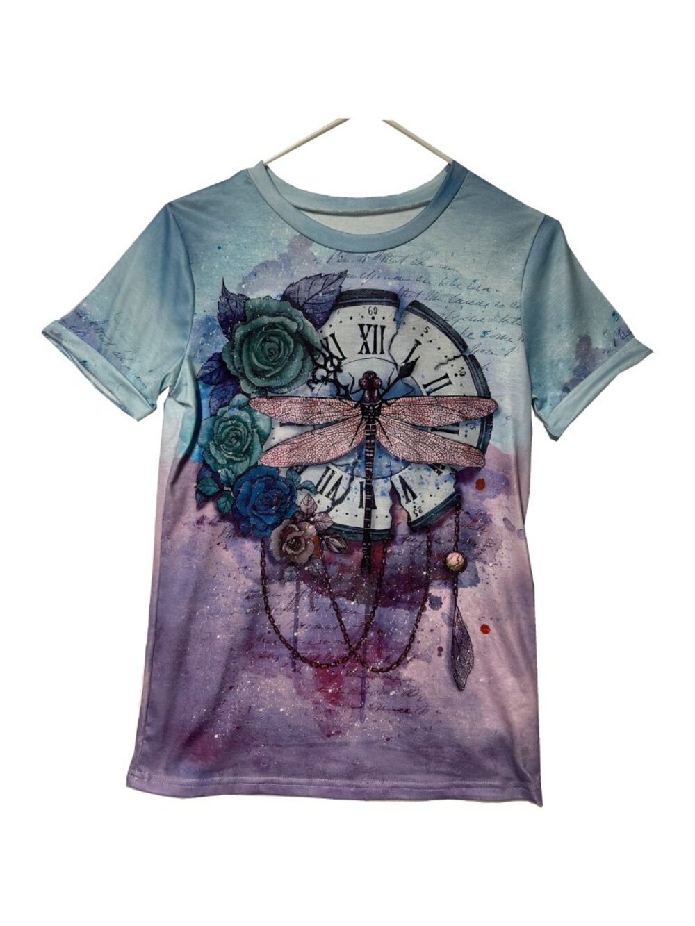 Women's Blue and Purple Dragonfly On A Clock With Roses Short-Sleeve Shirt